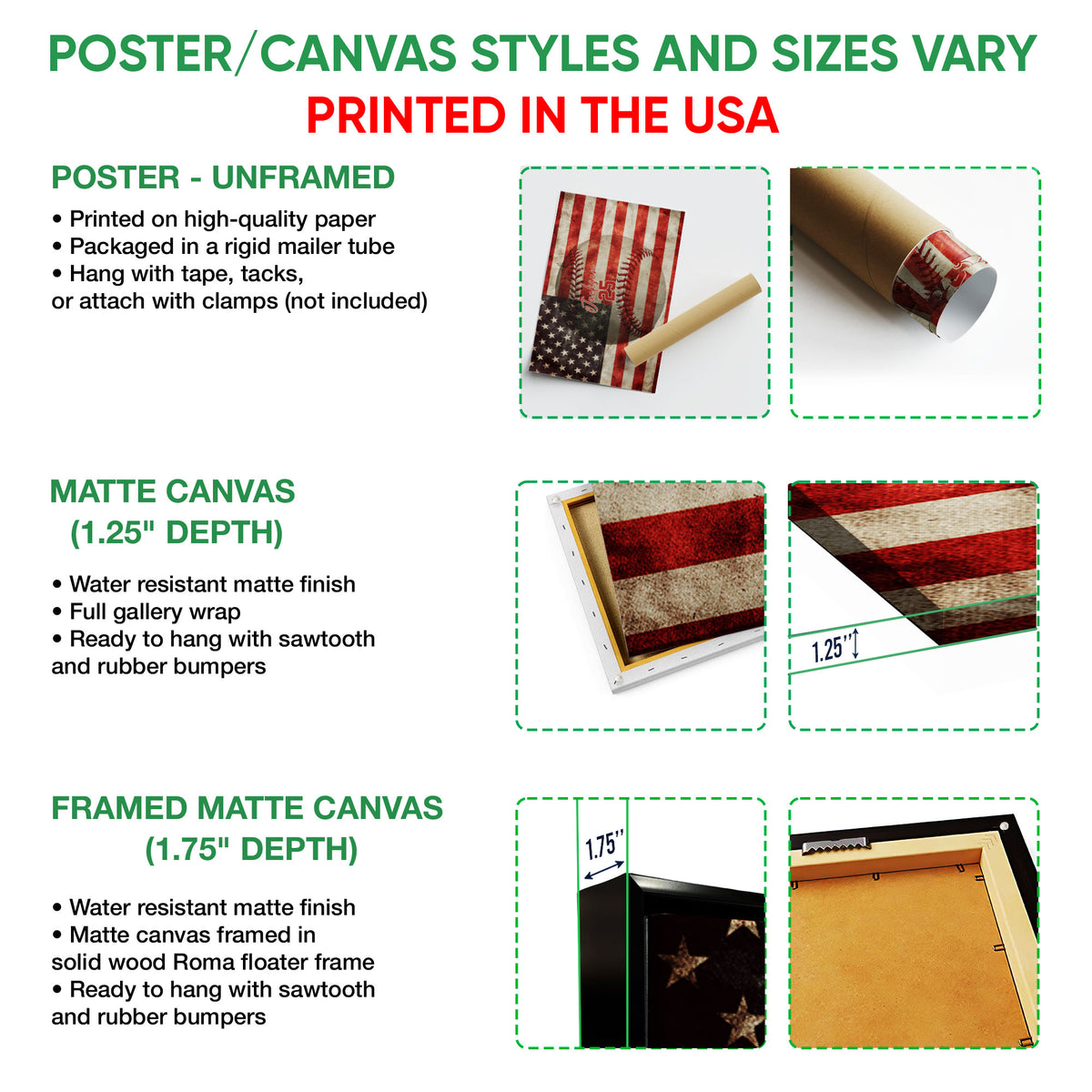 Baseball wall art format guide showing unframed poster, matte canvas, and framed canvas options