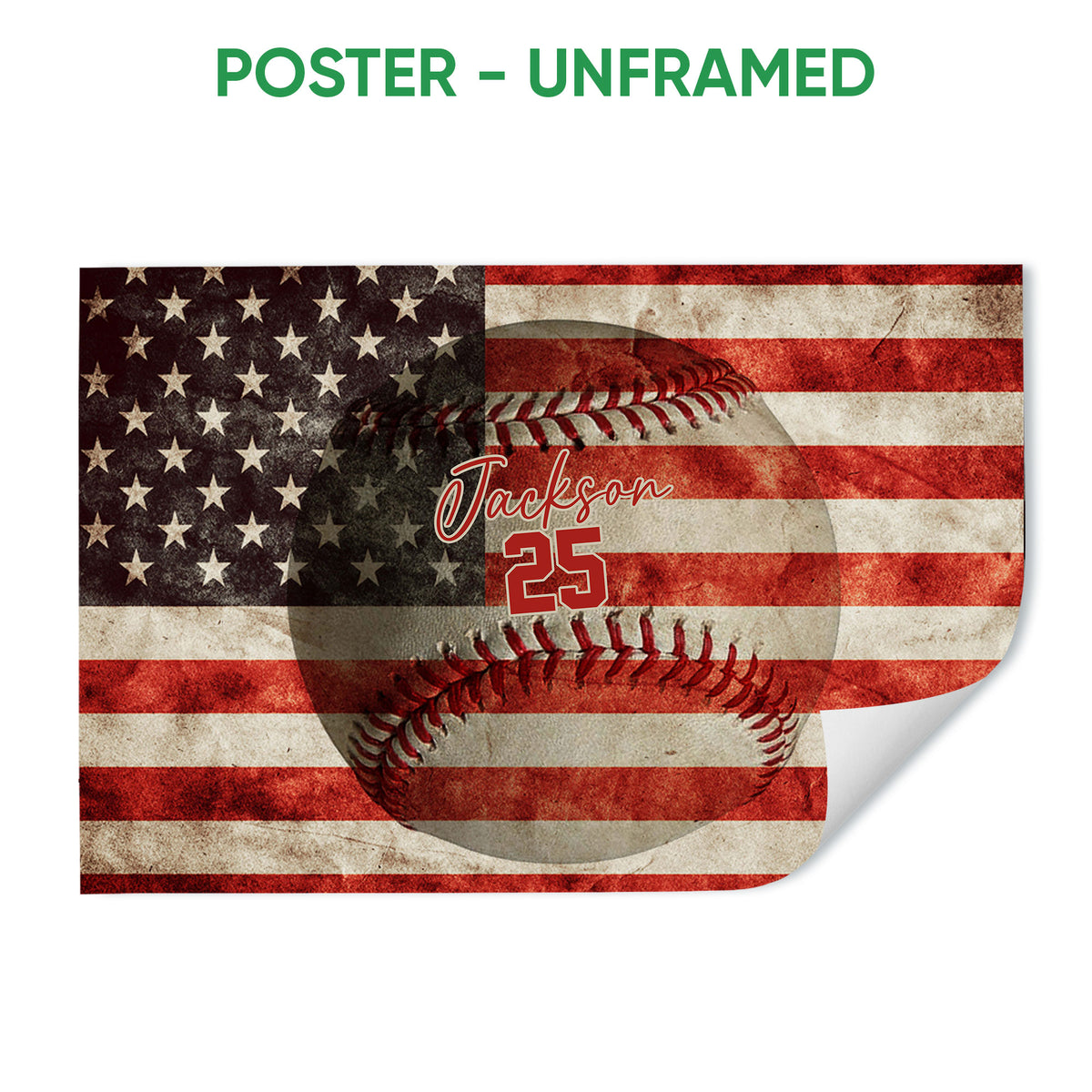 Unframed baseball poster with a distressed American flag background and patriotic sports design