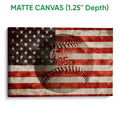 Matte canvas baseball wall art with a vintage American flag design and rich red, white, and blue colors