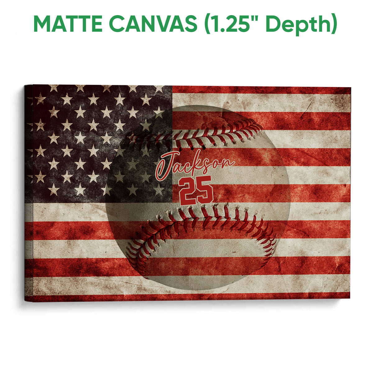 Matte canvas baseball wall art with a vintage American flag design and rich red, white, and blue colors