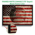 Framed baseball canvas wall art shown with a black frame and close-up of the frame profile