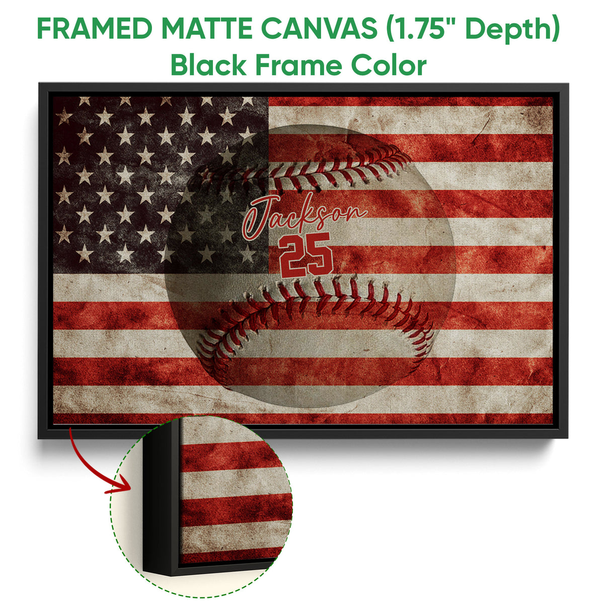 Framed baseball canvas wall art shown with a black frame and close-up of the frame profile