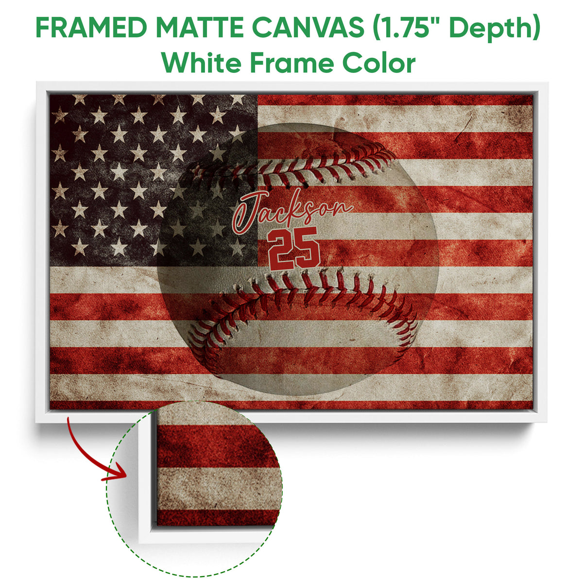 Framed baseball canvas wall art shown with a white frame and close-up of the frame profile