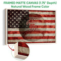 Framed baseball canvas wall art shown with a natural wood frame and patriotic flag artwork