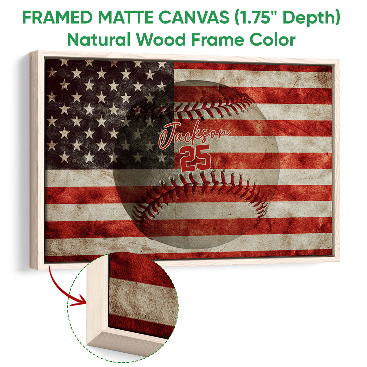 Framed baseball canvas wall art shown with a natural wood frame and patriotic flag artwork