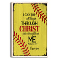 Framed softball wall art with yellow wood background, red stitching, and faith-inspired message