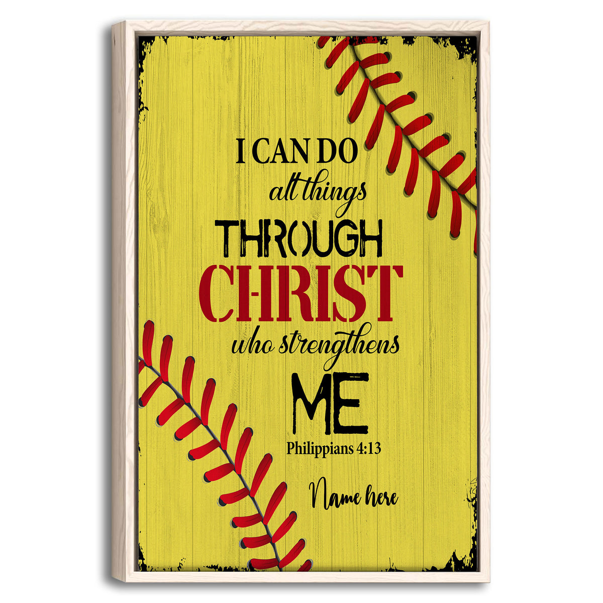 Framed softball wall art with yellow wood background, red stitching, and faith-inspired message