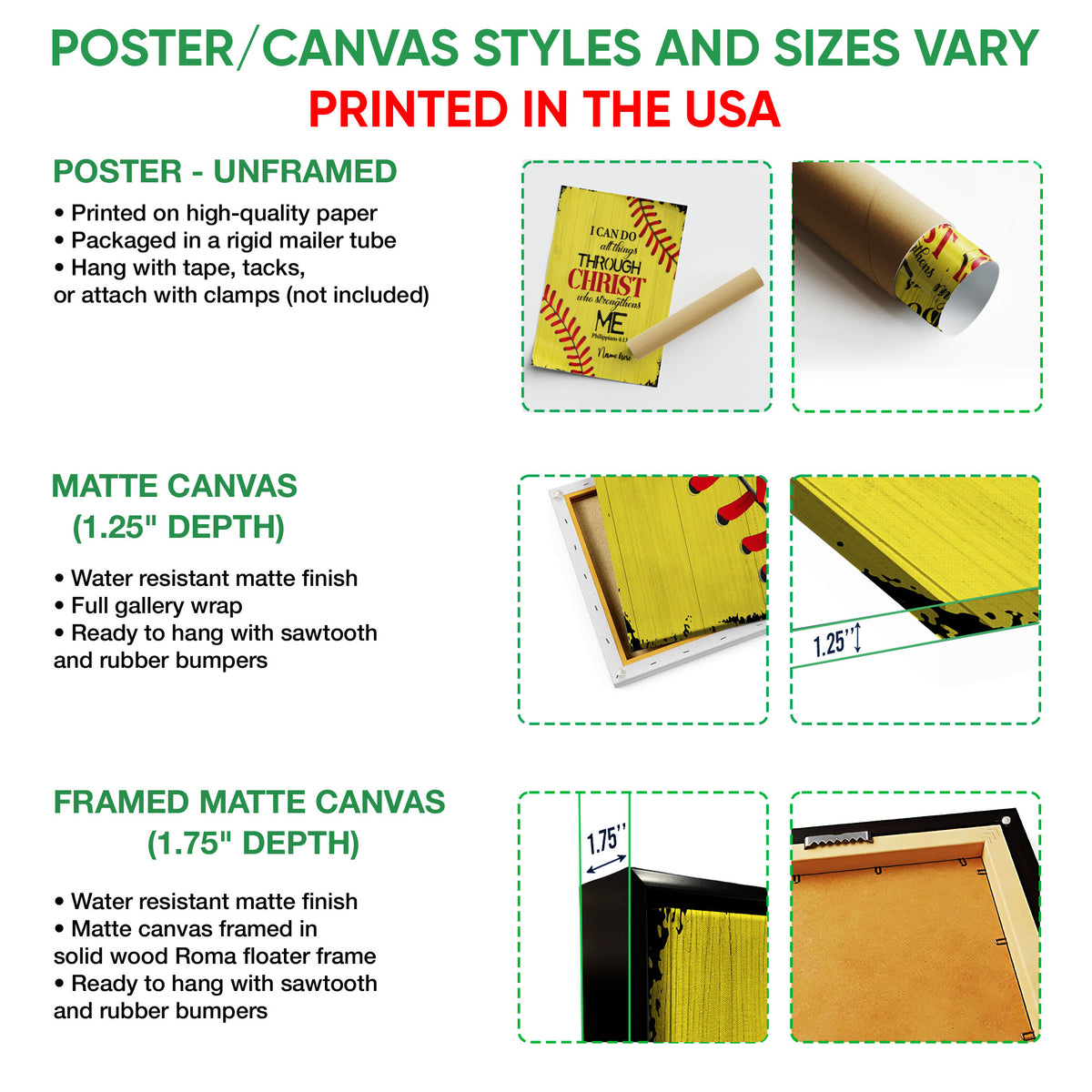 Poster and canvas wall art format guide showing unframed poster, matte canvas, and framed canvas options