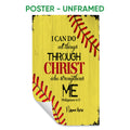 Unframed softball poster with yellow distressed wood design, red stitching, and inspirational faith theme