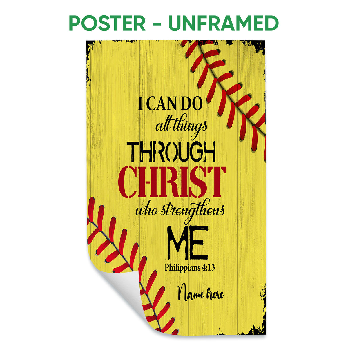 Unframed softball poster with yellow distressed wood design, red stitching, and inspirational faith theme