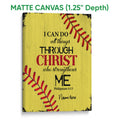 Matte canvas softball wall art with yellow wood texture, red stitching, and bold faith-inspired design