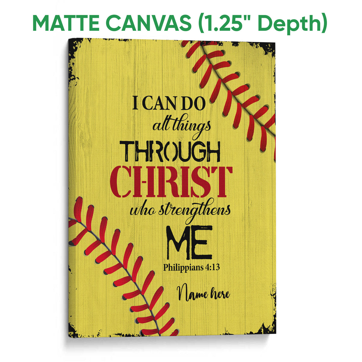 Matte canvas softball wall art with yellow wood texture, red stitching, and bold faith-inspired design