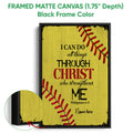 Black framed softball canvas wall art with yellow background, red stitching, and inspirational message