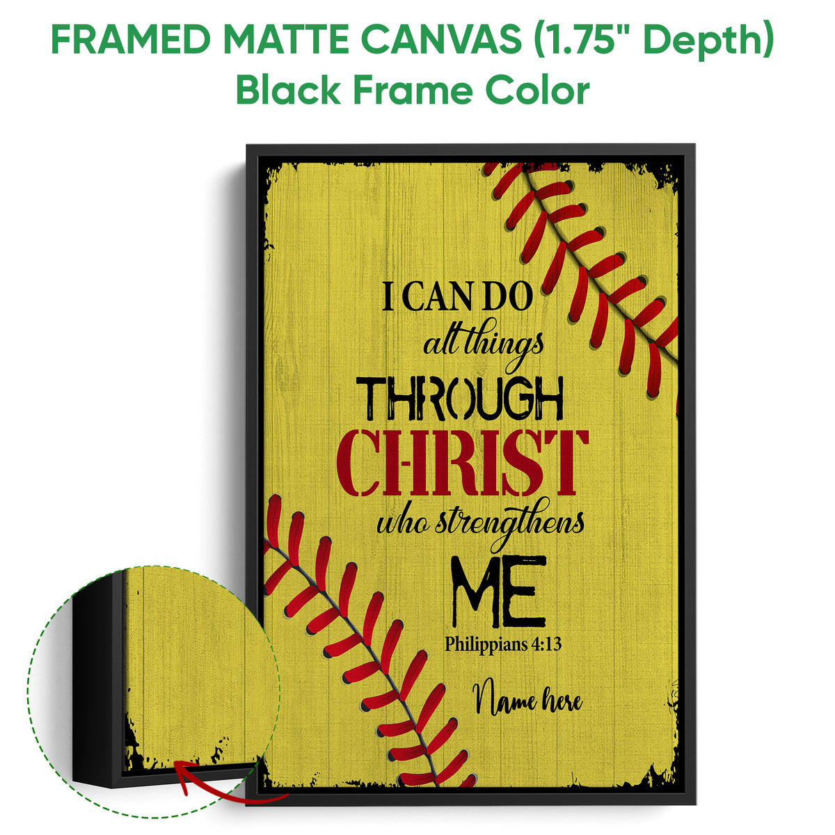 Black framed softball canvas wall art with yellow background, red stitching, and inspirational message