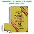 White framed softball canvas wall art with yellow wood texture and red stitching detail