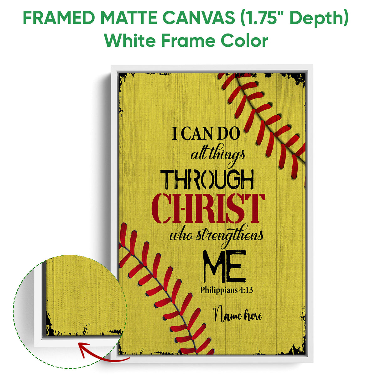 White framed softball canvas wall art with yellow wood texture and red stitching detail
