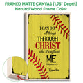 Natural wood framed softball wall art with yellow background, red stitching, and faith-inspired design