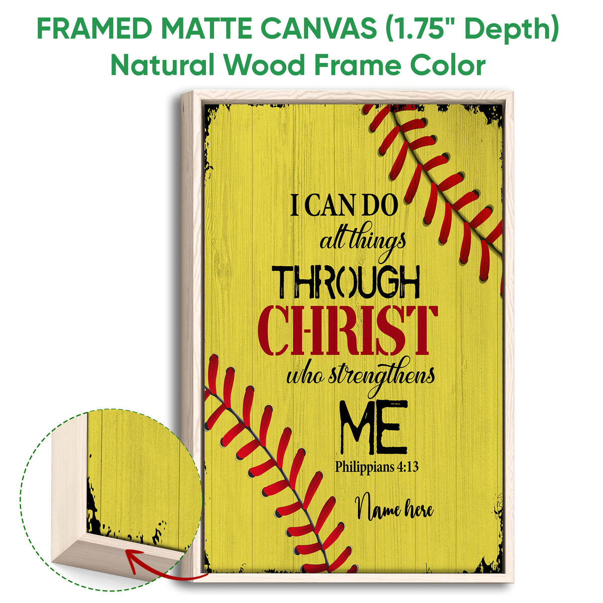 Natural wood framed softball wall art with yellow background, red stitching, and faith-inspired design