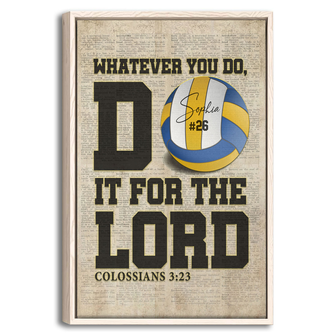 Framed volleyball wall art with blue and gold ball, bold sports lettering, and a vintage dictionary-style background