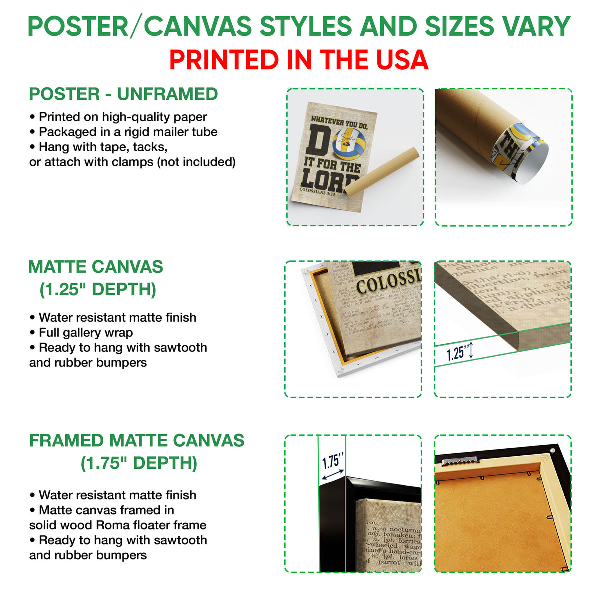 Poster and canvas wall art options guide showing unframed poster, matte canvas, and framed canvas formats