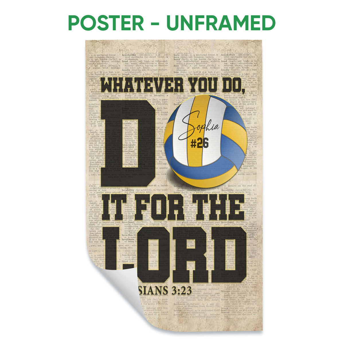 Unframed volleyball poster featuring a blue and gold volleyball, bold lettering, and an inspirational verse design