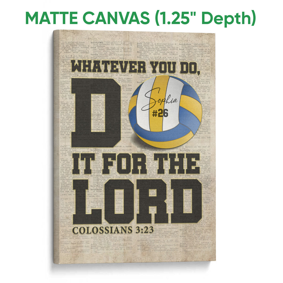 Matte canvas volleyball wall art with bold sports lettering, blue and gold colors, and a vintage text background