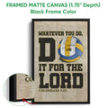 Black framed canvas volleyball wall art with blue and gold sports artwork and a close-up of the frame edge