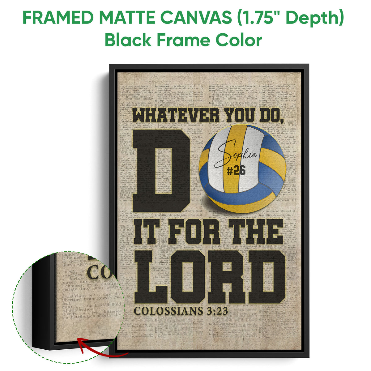 Black framed canvas volleyball wall art with blue and gold sports artwork and a close-up of the frame edge