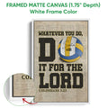 White framed canvas volleyball wall art with blue and gold artwork and a close-up of the frame edge