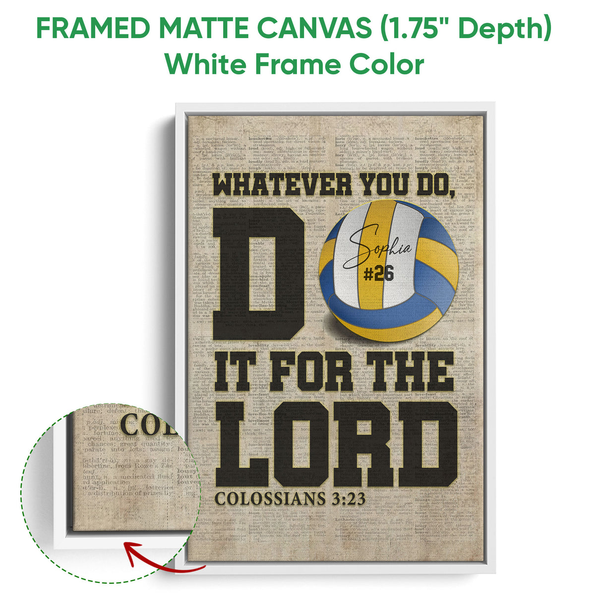 White framed canvas volleyball wall art with blue and gold artwork and a close-up of the frame edge