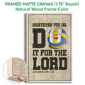 Natural wood framed volleyball wall art with blue and gold sports artwork and a close-up of the wood frame