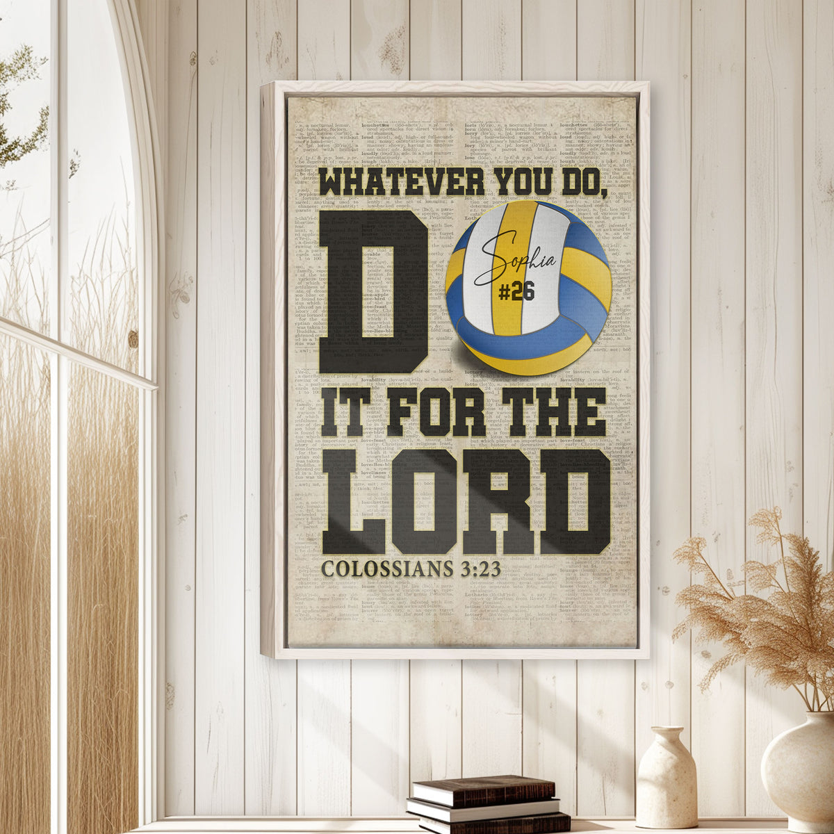 Framed volleyball wall art displayed on a light wood-paneled wall in a bright home decor setting