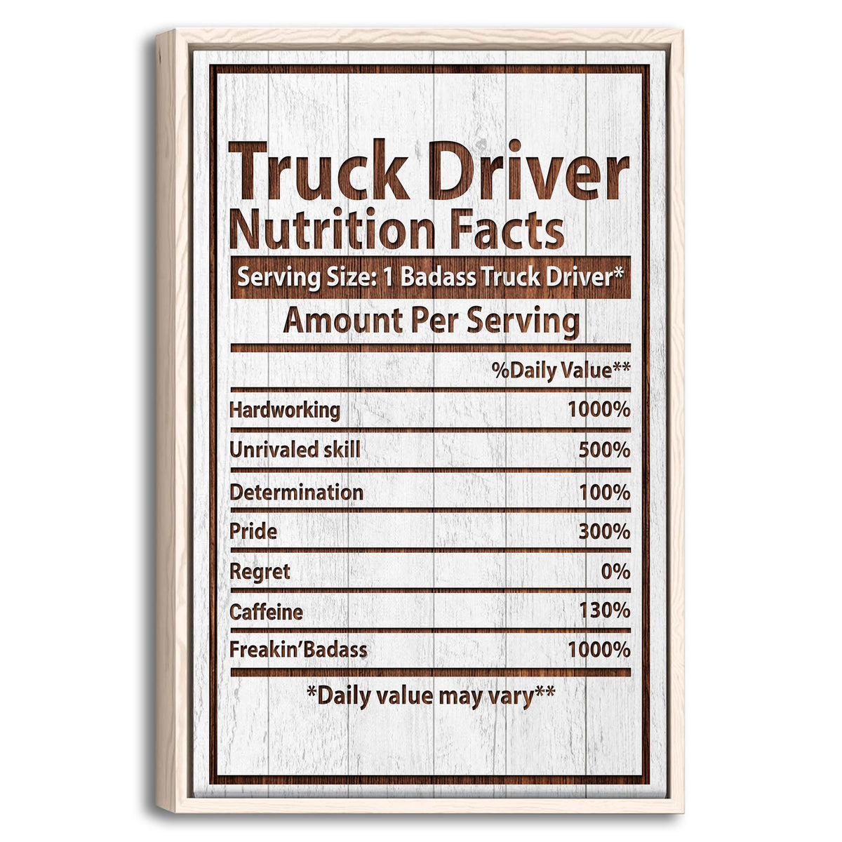 Framed trucker wall art with a humorous nutrition facts design in brown and white woodgrain tones