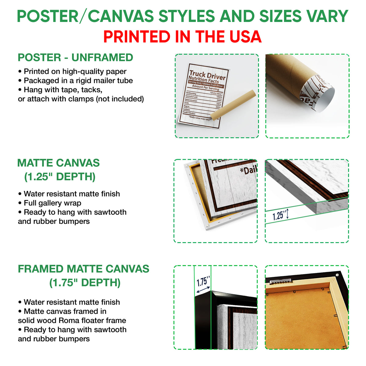 Poster and canvas wall art options guide showing truck driver artwork in unframed, canvas, and framed formats