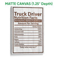Matte canvas wall art featuring a truck driver nutrition facts design with brown and white rustic styling