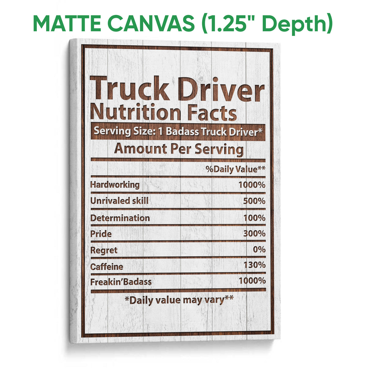 Matte canvas wall art featuring a truck driver nutrition facts design with brown and white rustic styling