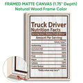Natural wood framed trucker wall art featuring a humorous nutrition facts design and close-up frame detail