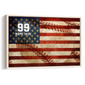 Framed baseball wall art featuring a red, white, and blue flag-inspired design