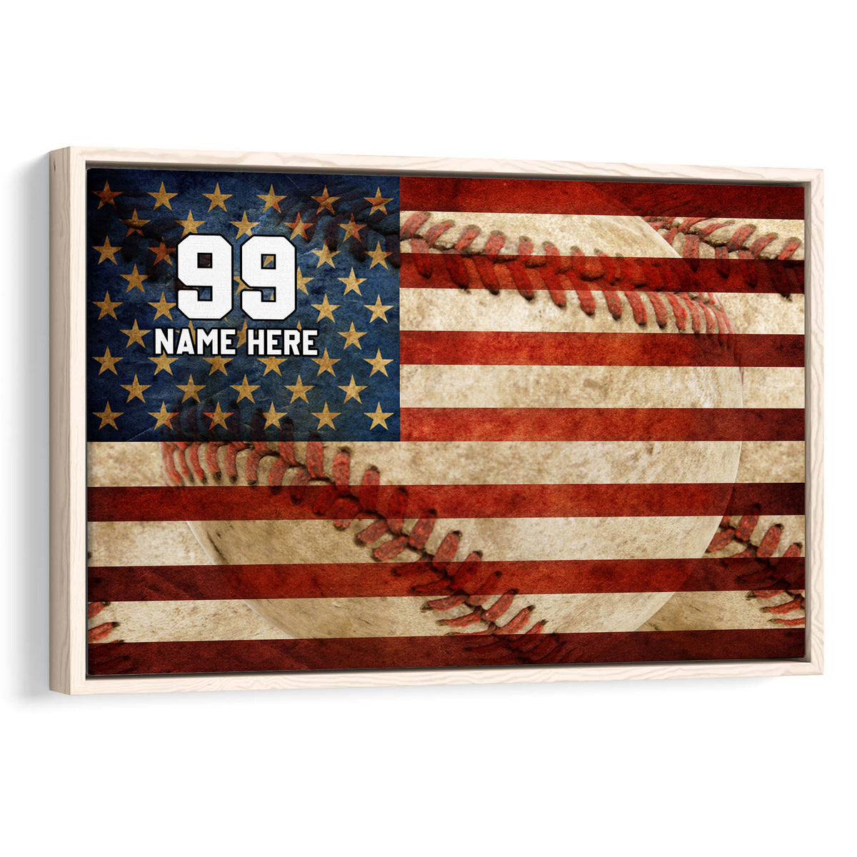 Framed baseball wall art featuring a red, white, and blue flag-inspired design