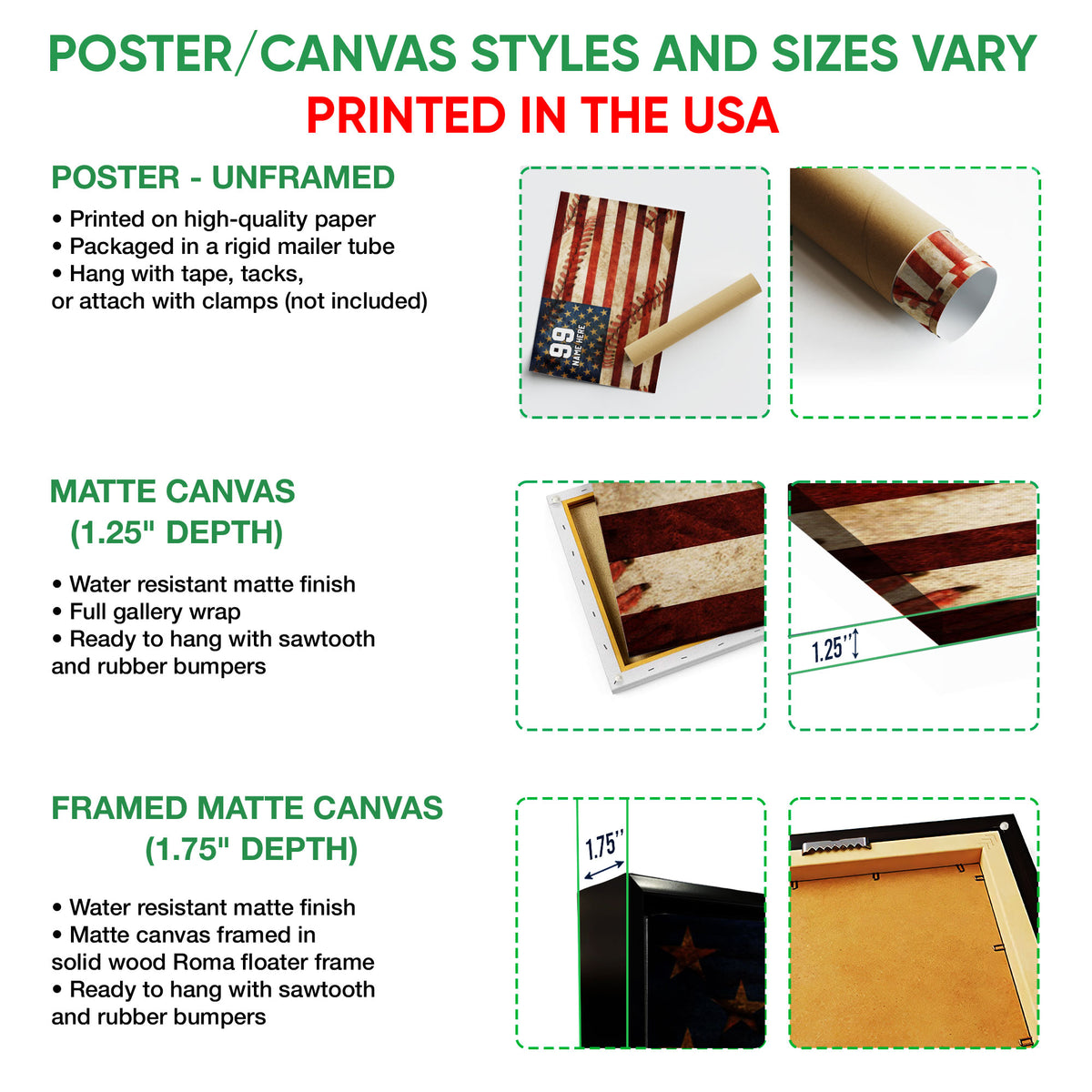 Baseball wall art format guide showing unframed poster, matte canvas, and framed canvas options