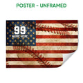 Unframed baseball poster with red, white, and blue stripes over a close-up baseball background