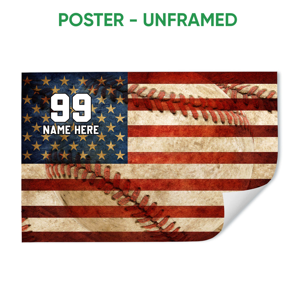 Unframed baseball poster with red, white, and blue stripes over a close-up baseball background