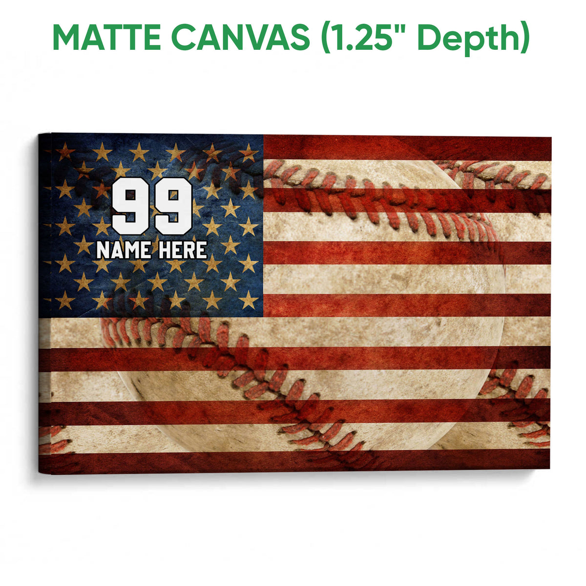 Matte canvas baseball wall art with a textured flag-inspired design and visible canvas depth
