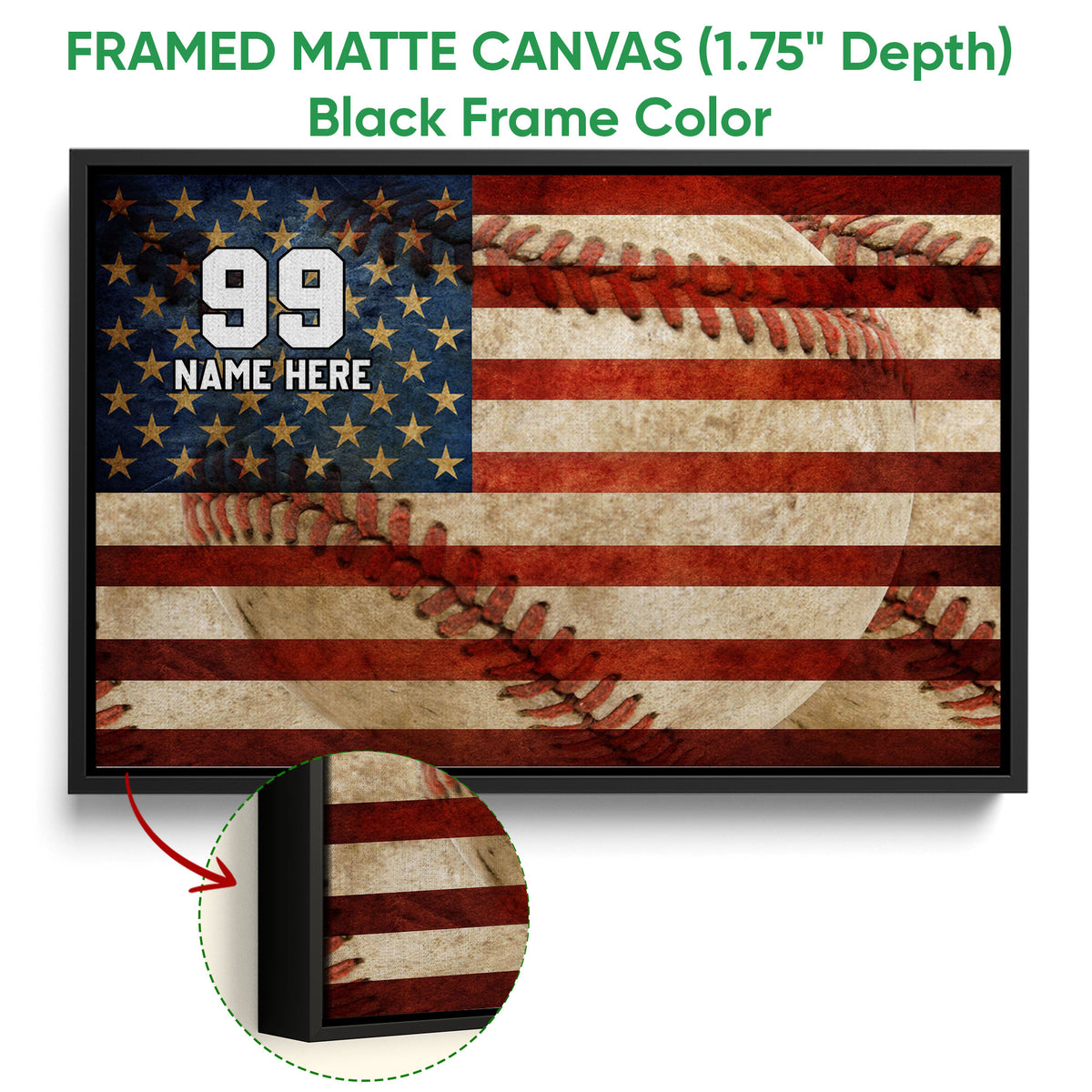 Framed baseball wall art shown with a black frame and close-up frame detail
