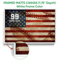 Framed baseball wall art shown with a white frame and close-up frame detail