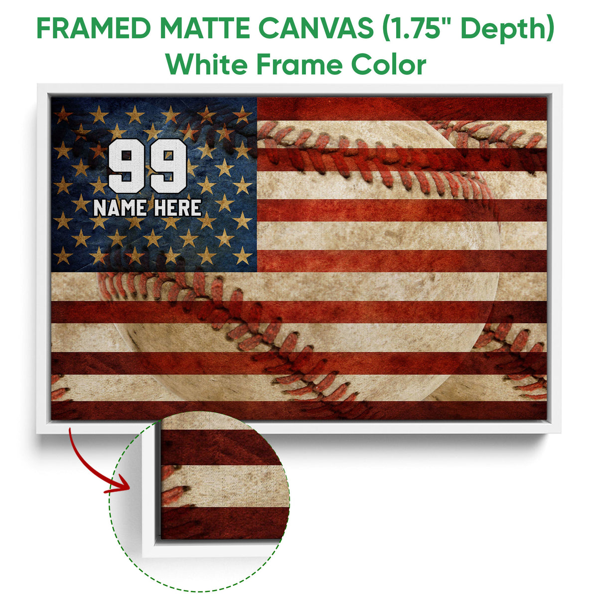 Framed baseball wall art shown with a white frame and close-up frame detail