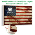 Framed baseball wall art shown with a natural wood frame and close-up frame detail