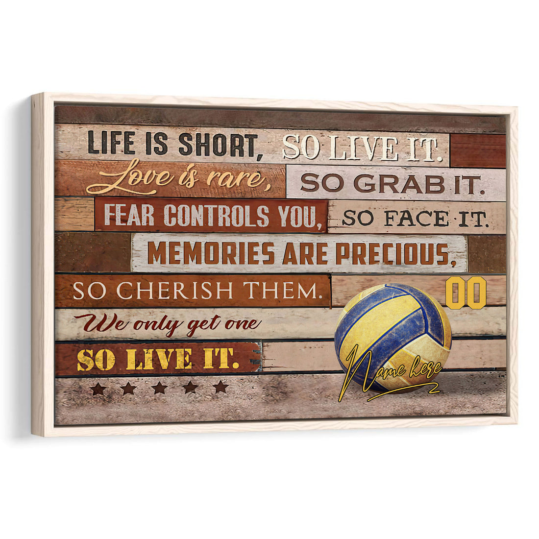 Framed volleyball wall art with a blue and yellow ball, rustic wood-plank background, and bold motivational styling