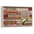 Framed volleyball wall art with a blue and yellow ball, rustic wood-plank background, and bold motivational styling
