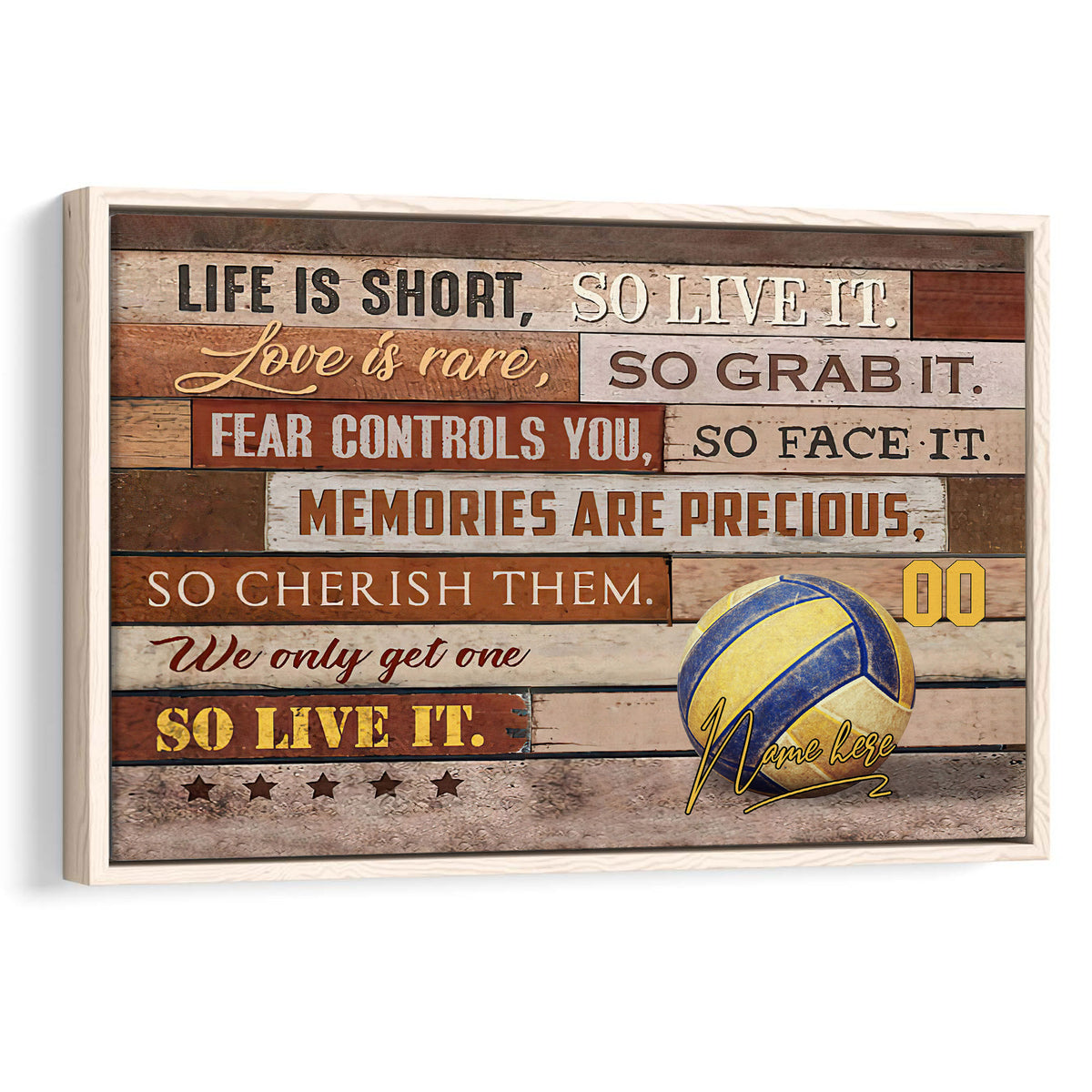 Framed volleyball wall art with a blue and yellow ball, rustic wood-plank background, and bold motivational styling